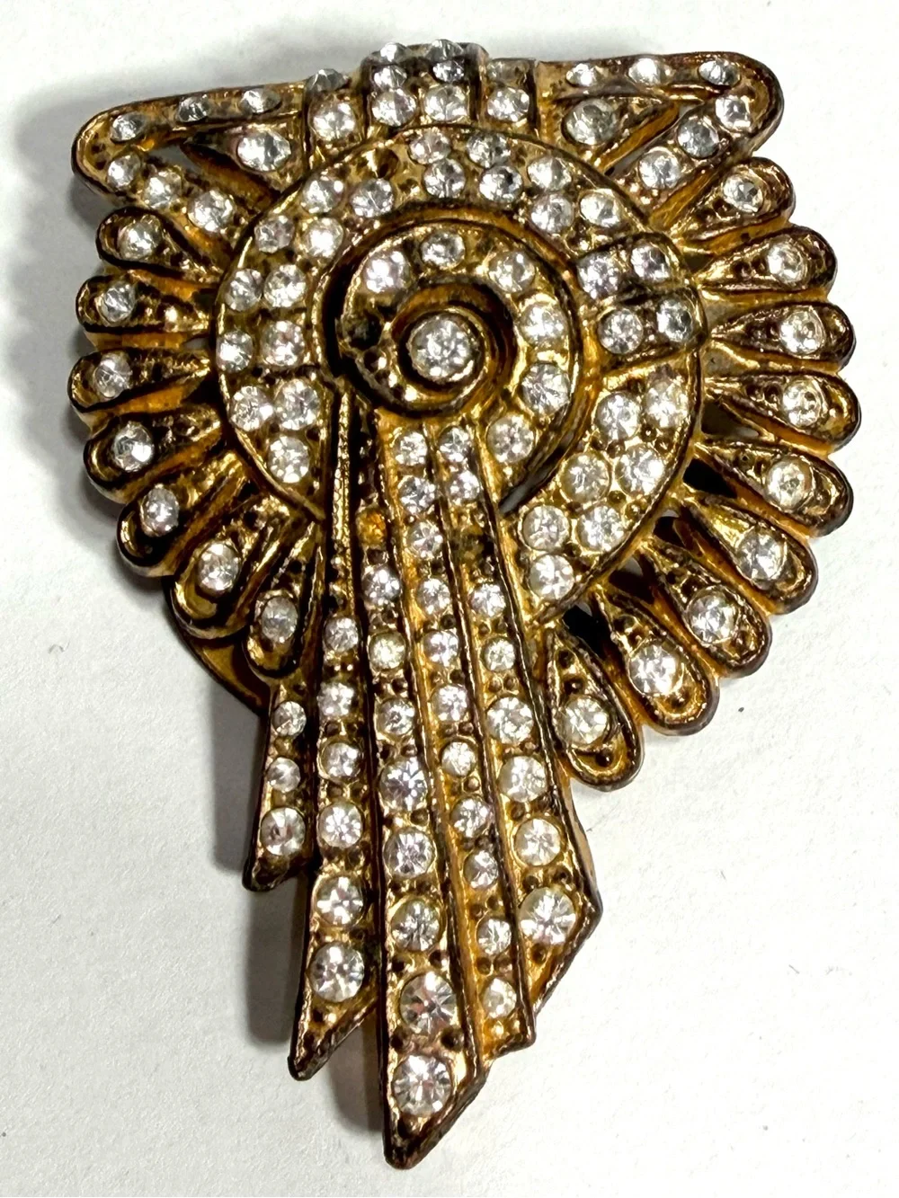 Art Deco Egyptian Revival Dress Clip 1930s Pat 1801128 Rhinestones Gold Tone